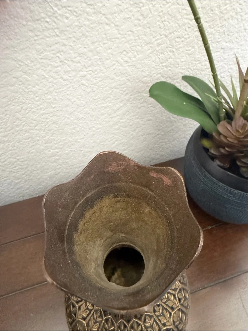 Vintage Hand-Carved Brass Vase with Black Lacquer Etching